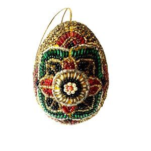 Hand Beaded Glass Egg Ornament Star Flower Colorful 3.5" Christmas Easter